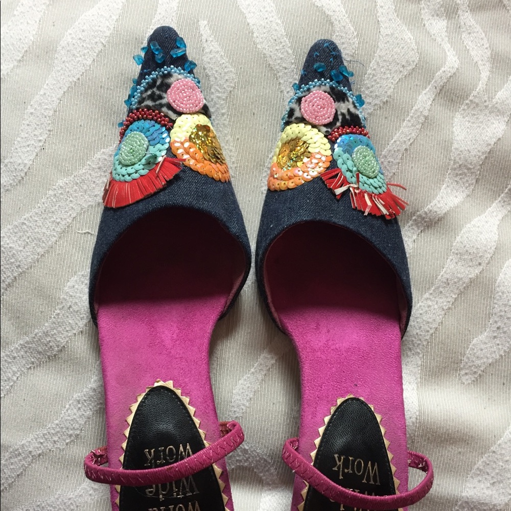 Denim base with fringes, beads and fun! Size 9